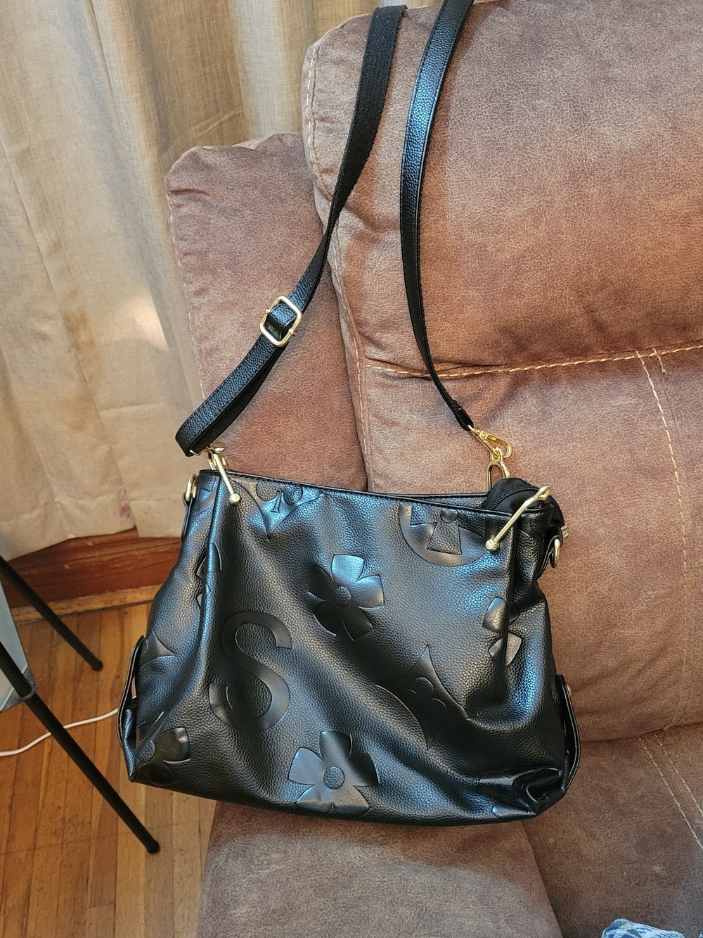 Black Embossed Floral Crossbody Bag with Gold Hardware